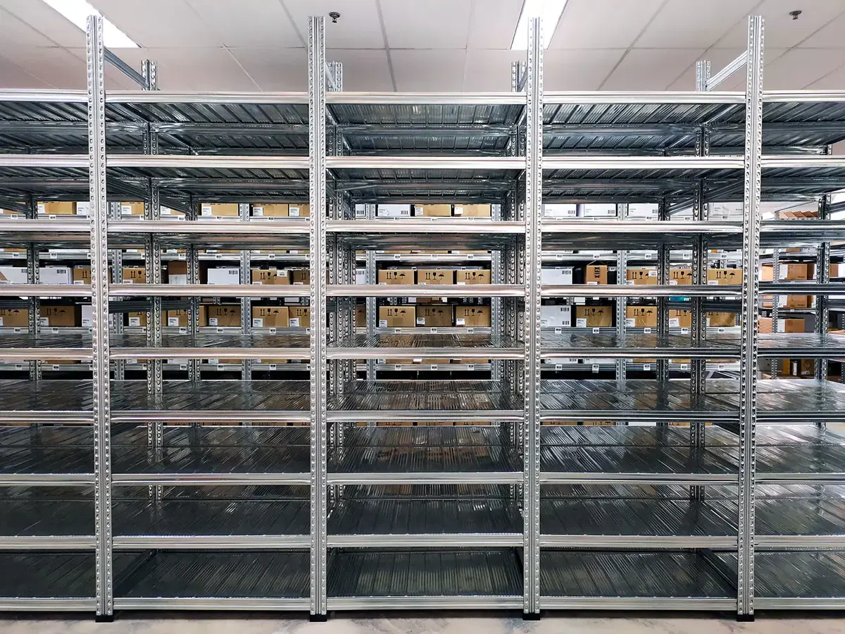 Boltless shelving inside of a warehouse