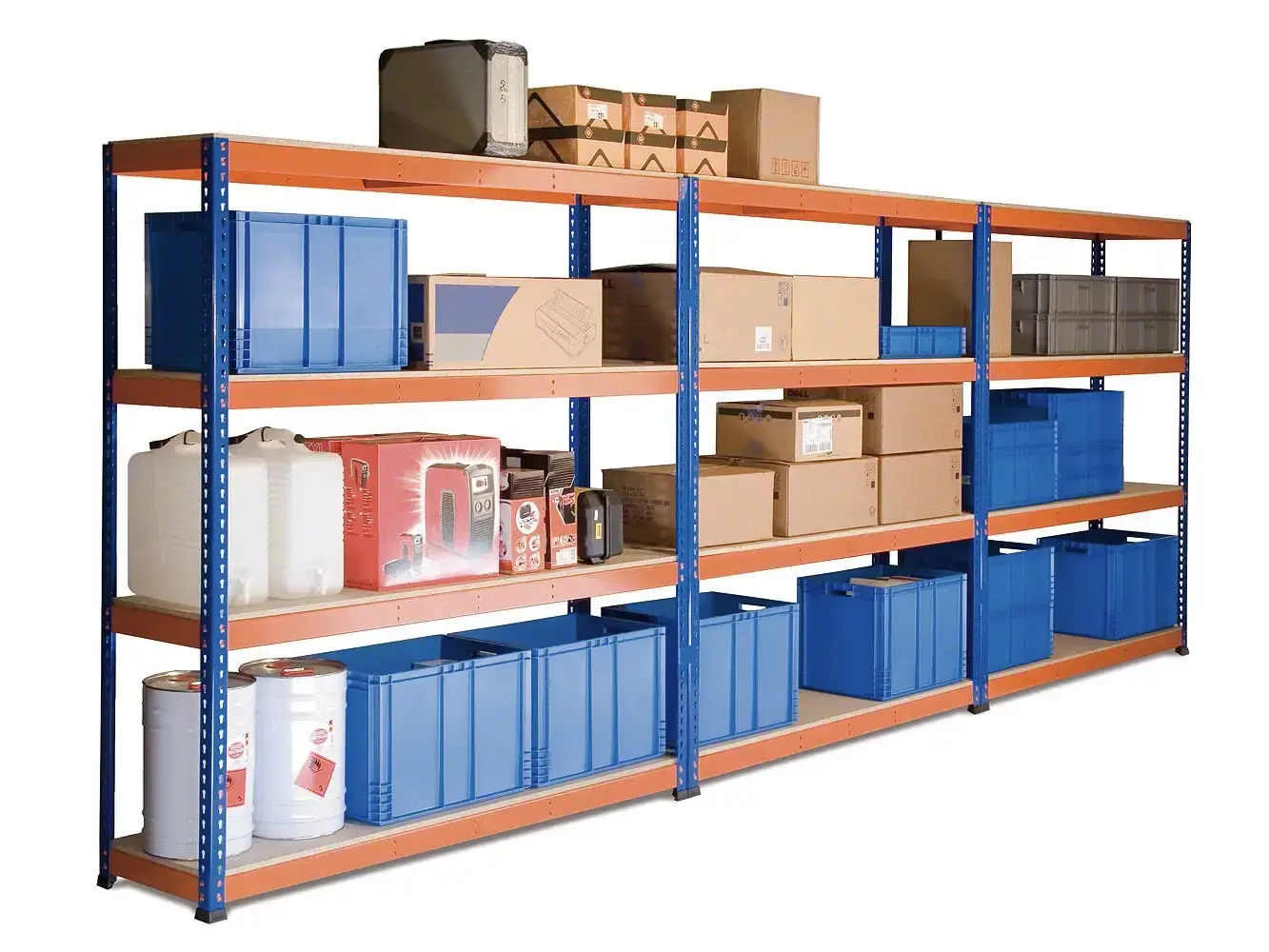 Boltless shelving filled with products on a white background