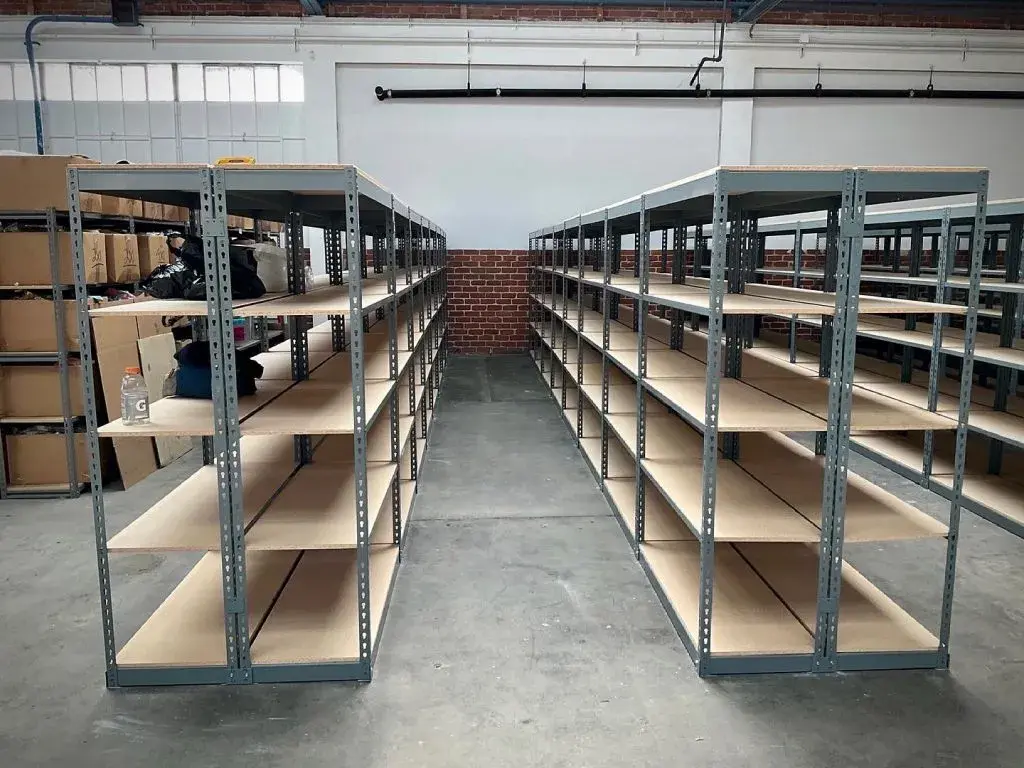 Boltless shelving inside of a warehouse