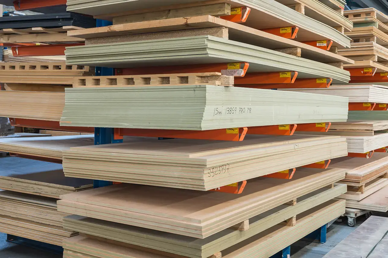 stacks of plywood on cantilever racking